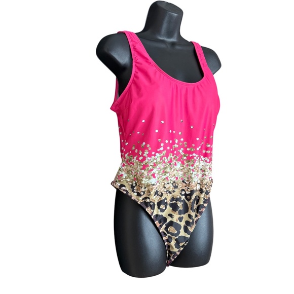 Pink Mixed Gold Petals & Animal Print One Piece Swimsuit Women's Size XL - Picture 4 of 13